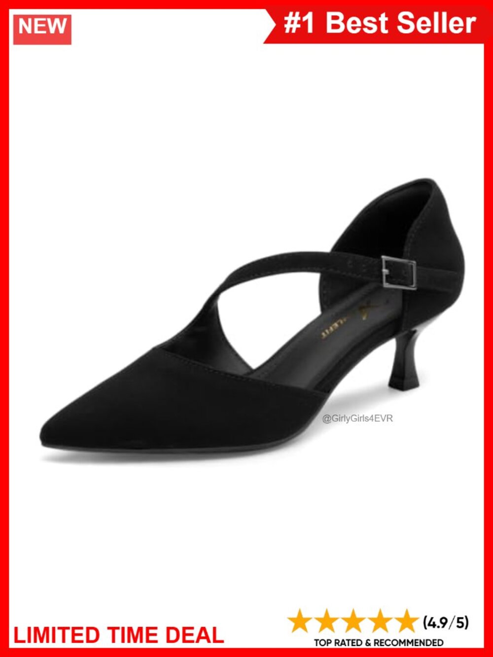 Kitten Heel Pointed Toe Pumps with Ankle Strap and Buckle